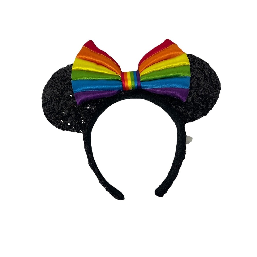 Disney Minnie Mouse Ears LGBTQ Pride Black Sequins Rainbow Puffy Bow